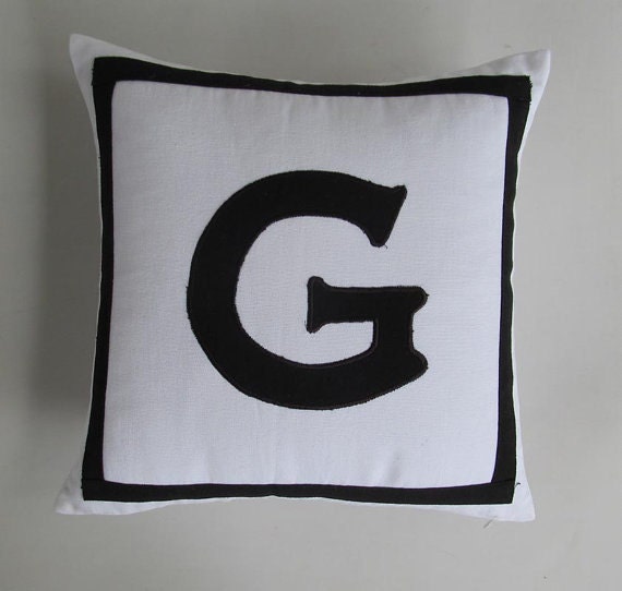 white and black monogram pillow. letter pillow. initial