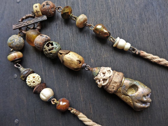 Recondite. Chunky rustic assemblage necklace in golden amber brown. 