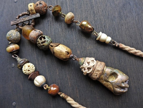 Recondite. Chunky rustic assemblage necklace in golden amber brown. 