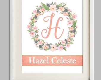 Girl Nursery Wall Decor, Personalize Baby Gift, Name Print, Baby Girl Nursery Wall Art, Girl Room Decor, Peach Pink Coral Nursery Art