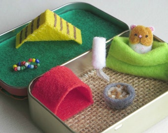 Hamster miniature felt stuffed animal plush in Altoid tin playset - snuggle bag ramp house play food