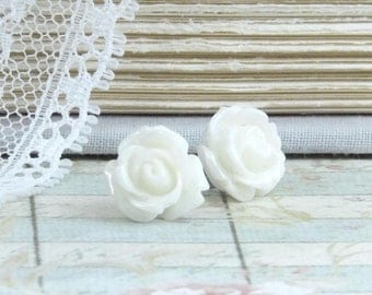 White Rose Earrings Rose Stud Earrings White Rose Studs White Flower Earrings Hypoallergenic Rose Jewelry