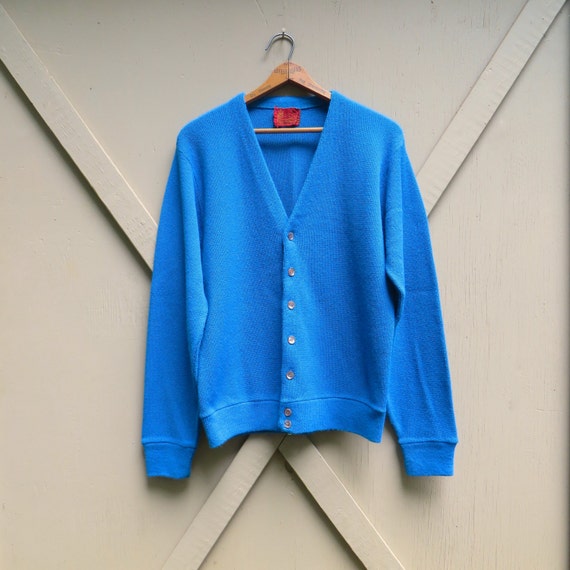 60s vintage Cerulean Blue Acrylic Knit Cardigan Sweater