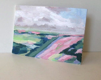 Abstract Acrylic Landscape on canvas, 5" x 7", pastel, Expressionist, Impressionist, pink and light green, canvas panel, gift idea