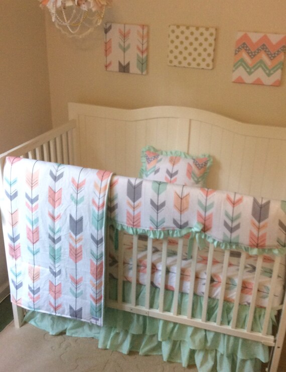 DEPOSIT Peach Gray and Mint Arrows Ruffled Crib Bedding Set