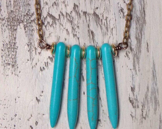 Turquoise Spike Shield Necklace Gold Long Layering Stone Daggers Boho Layer Necklace Statement Bib Bohemian Necklace