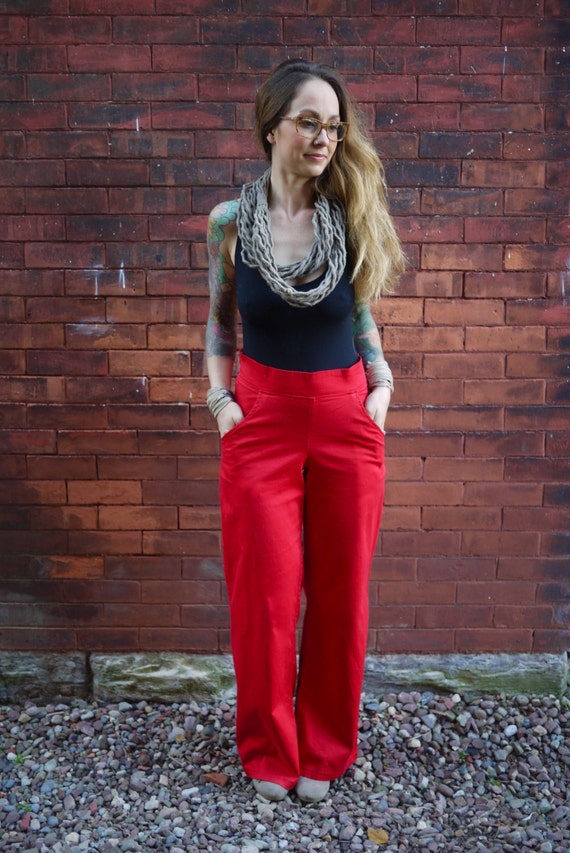 Women's Red High Rise Wide Leg Cotton Pants with