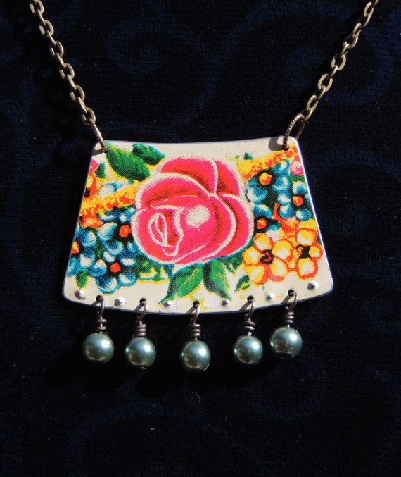 Items similar to tin necklace, recycled tin, tin jewelry, printed tin