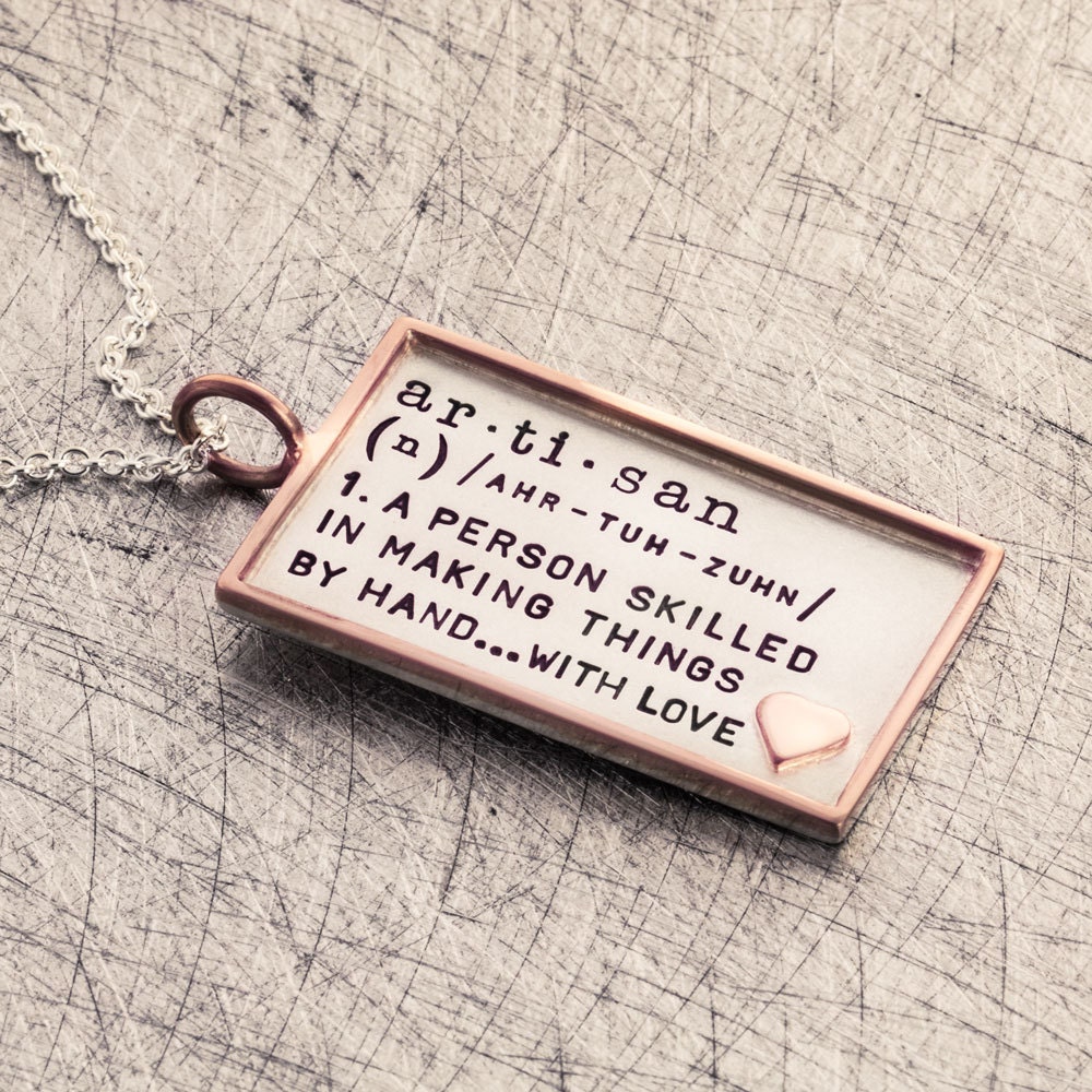 Mixed Metal Rimmed Definition Pendant Hand Stamped Phrase