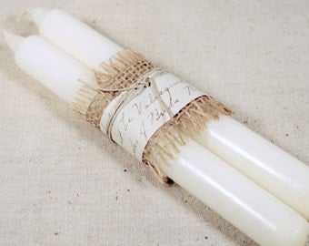 Pair of White Taper Candles * shabby chic * vintage paper * home decor
