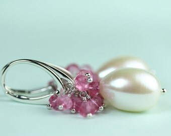 Pearl drop earrings with Pink Sapphire cluster on sterling silver lever backs by art4ear, gift for her under 75 USD, pearl jewelry leverback