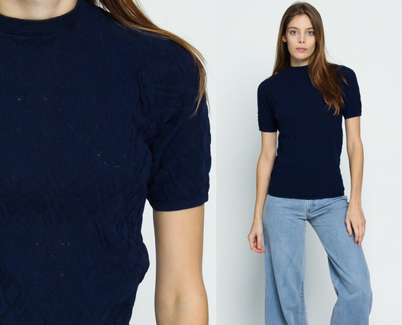 70s Sweater Top Knit Shirt 60s Mod Knit Short Sleeve Sweater