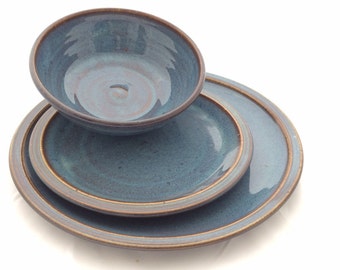 Blue 3 piece Ceramic Pottery Dinnerware - Stoneware Dinner Plates Set Ceramic tableware- Ceramic Pottery Dinnerware