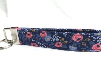 Rifle Paper Co. Key Fob Les Fleurs Fabric Wedding Blue Rosa Floral Navy