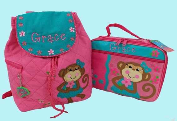 Child's Personalized Stephen Joseph GIRL MONKEY Backpack and Lunchbox School Set-Monogramming Included