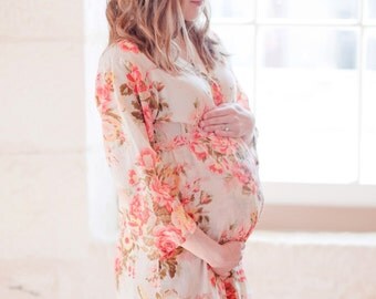 White Rosy Red Posy Floral Ankle length Maternity Robe | Hospital Gown, Labor gown, Delivery gown, nursing mothers to be moms Pregnancy robe