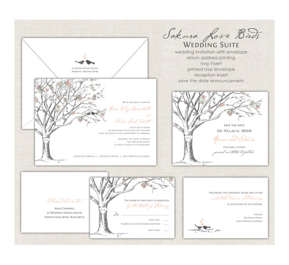 Love Birds Wedding Invitation, Peach and Gray Wedding, Cherry Blossom Tree, Sakura, Tree Wedding Invites, Elegant Wedding, Romantic Il_570xn