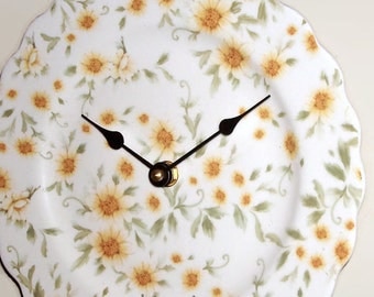 NEW! Daisy Wall Clock, 9 inches SILENT, Ivory and Yellow Floral Clock, Porcelain Plate Wall Clock, Kitchen Clock - 2138