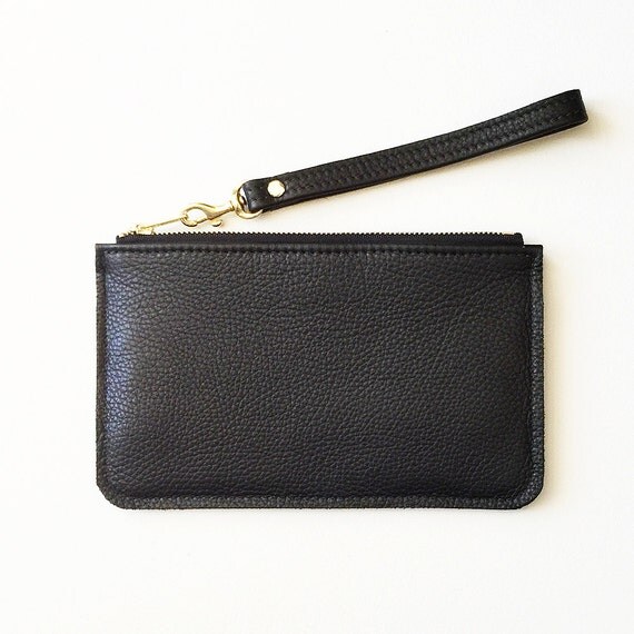 Black Leather Clutch Leather Wristlet iPhone Zip Wallet