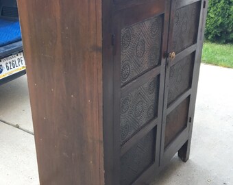 Antique 6 tin walnut pie safe top drawer circle tins 16d41.5w53h Shipping is Not Free