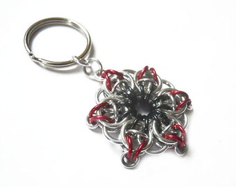Star key chain, Red, black, and silver star, Small red and black star key ring, Celtic Visions Star chainmaille weave