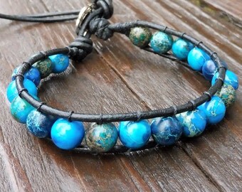 Bright Blue Beaded Wrap Bracelet - Single Wrap Bracelet, Blue Imperial Jasper Beads, Black Leather Bracelet