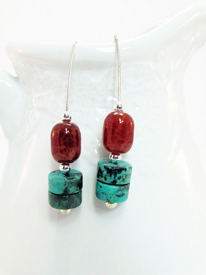 Turquoise and Fire Agate Wire Earrings ER22 by daksdesigns on Etsy