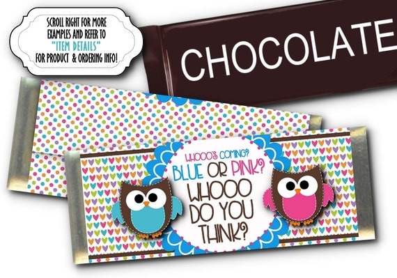 12 Candy Bar Wrappers , Candy Favors, Baby Gender Reveal Party, Baby Shower Favors, Pink & Blue Baby Owls Il_570xn