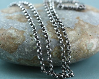 Sterling Silver Rolo Belcher Chain Necklace, Mens, Womens, Unisex, All Lengths, Antique Oxidized Patina or Bright 2.1mm For Charms Pendants