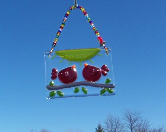 Red Love Birds of Happiness // Fused GLass Suncatcher // Ornament // Sun Catcher // Cardinals // Small // Wedding // Get Well // Cute // Fun