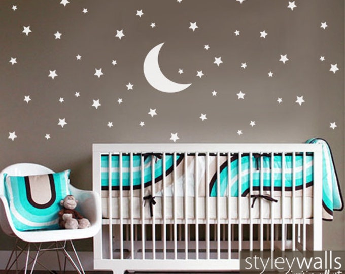 Stars and Moon Wall Decal, Stars Wall Decal, Moon Wall Decal, 70 Stars and Moon Wall Sticker for Nursery Baby Room, Kids Night Wall Decal