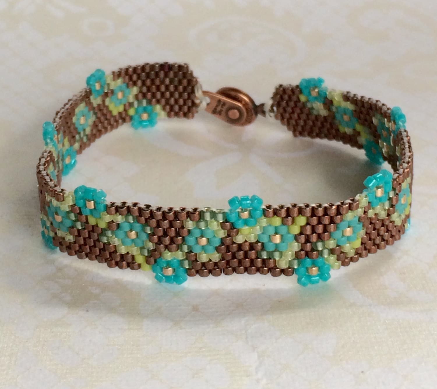 Handmade Peyote Stitched Bracelet in a Floral Garland Pattern