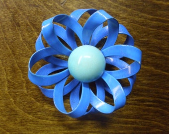 Vintage 1960's Blue Enamel Flower Brooch