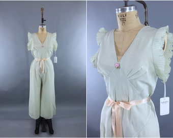Vintage 1930s Beach Pajamas / 30s Lingerie PJs / Jumpsuit Palazzo Pants / Art Deco Step-in Loungewear / Celedon Sea Foam Green