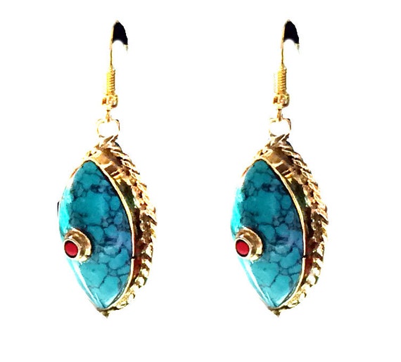 Nepal Turquoise Earrings Nepal JewelryVintage GoldAntique