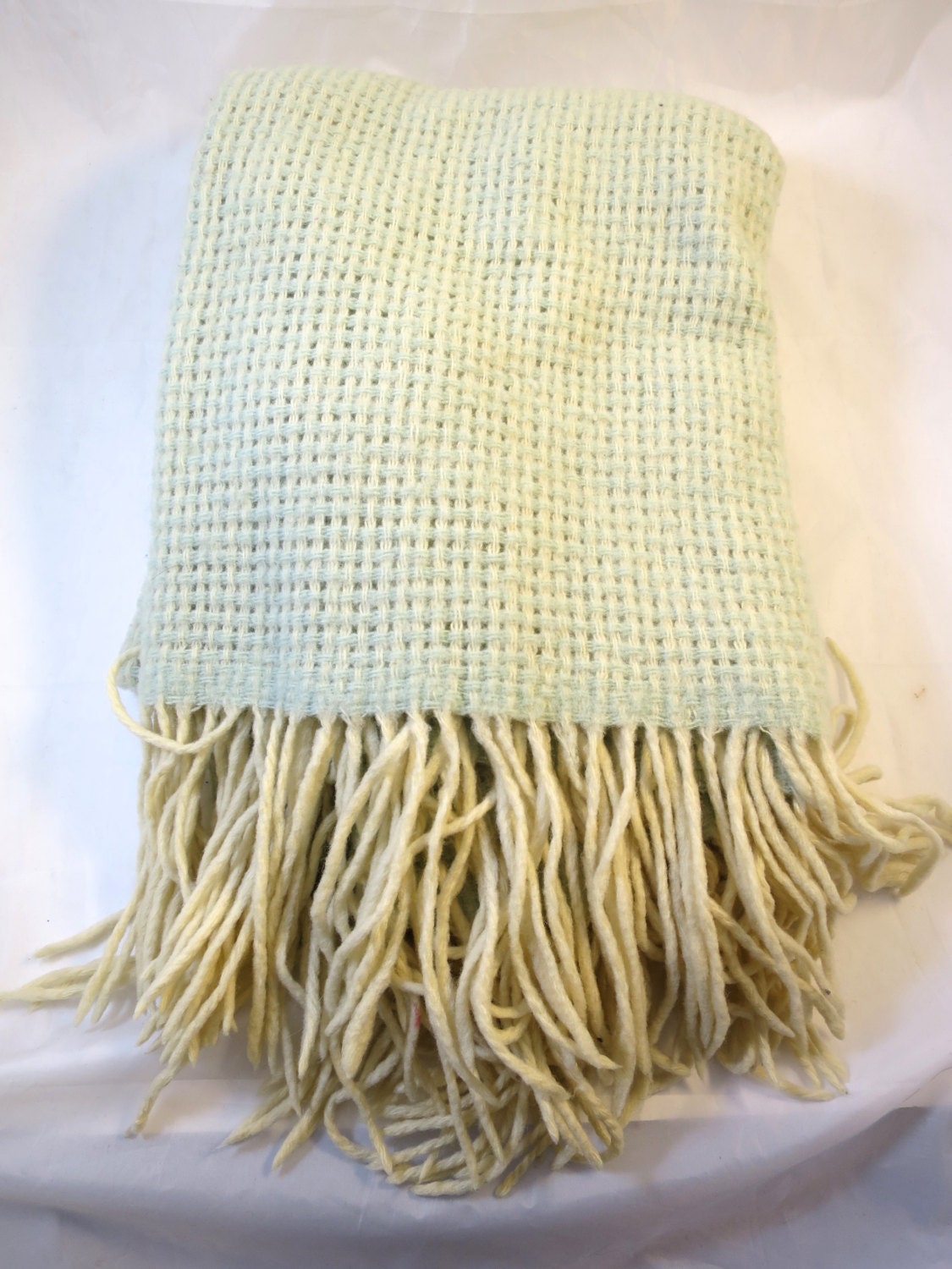 Vintage Woven Throw Pale Green/Ecru Blanket Vintage 1980's