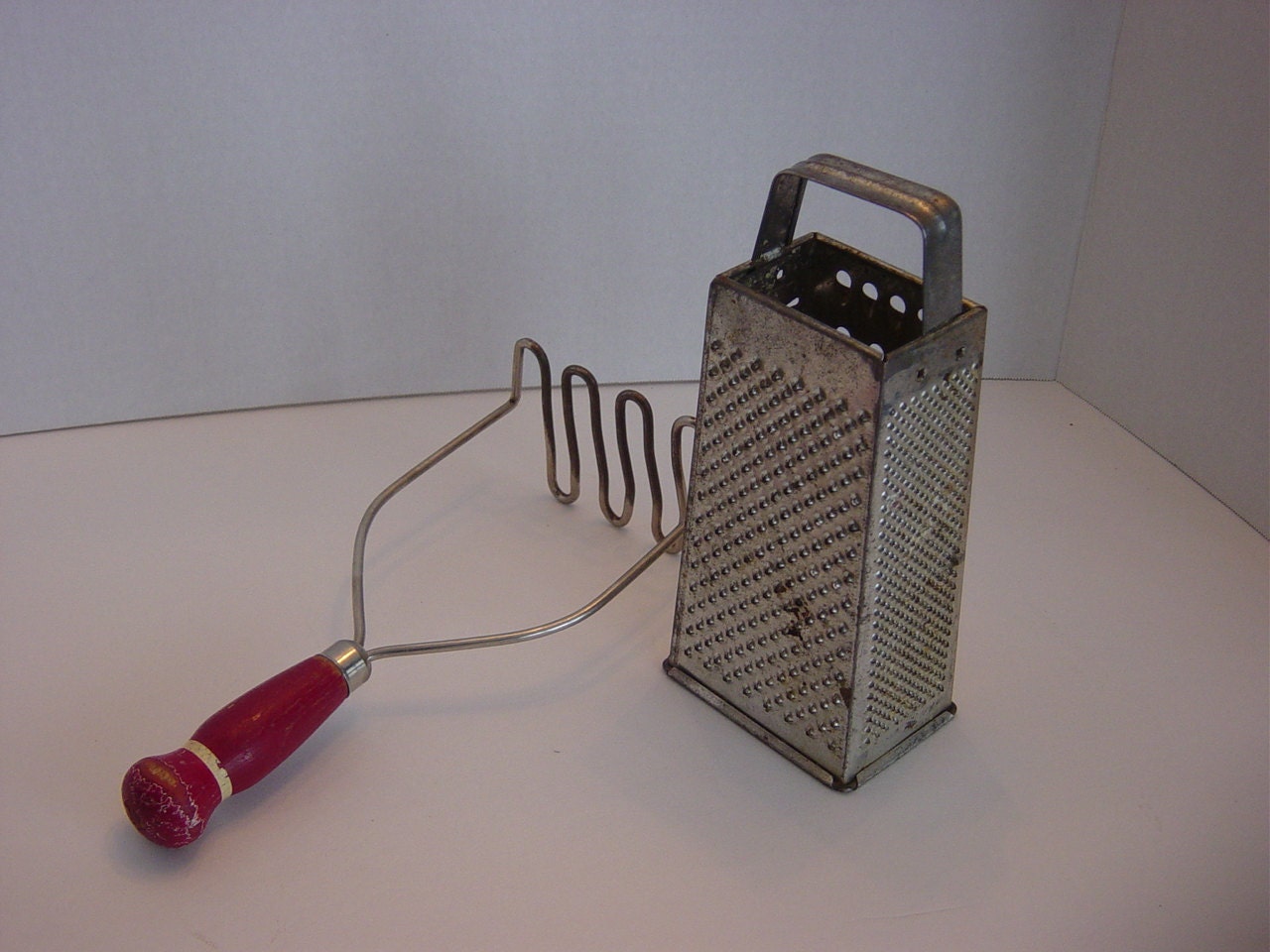 Vintage Red Wooden Handle Potato Masher or Old Stand Cheese
