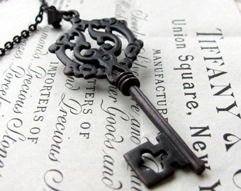 Dark Mystery, Gothic skeleton key necklace, large skeleton key, black key pendant, long chain, opera length, Fallen Angel Brass