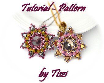Beading pattern, tutorial for beaded pendant Helka with Kheops and SuperDuo beads, PDF instructions, step by step pendant tutorial