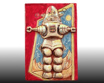 Ceramic Art Tile, Retro ROBBY The ROBOT, 4 x 6 Handmade Tile, Wall Plaque, 1950s Science Fiction Art