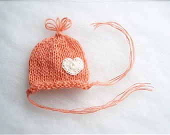 Mohair newborn hat Pink newborn hat with white milk heart Photography prop Pink coral Newborn girl Baby hat Baptism Newborn girl mohair hat