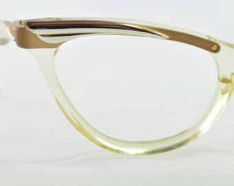 Vintage Cat Eye Glasses, Titmus, Amber with Gold Brow Decoration 1950s, 1960s