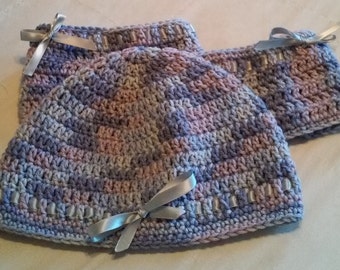 Purple, Pink and Gray Crochet With Silver Ribbon Beanie and Boot Cuff Set