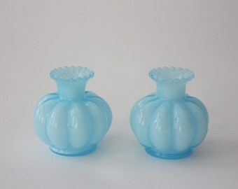 Vintage Pair of Turquoise Blue Glass Bud Vases