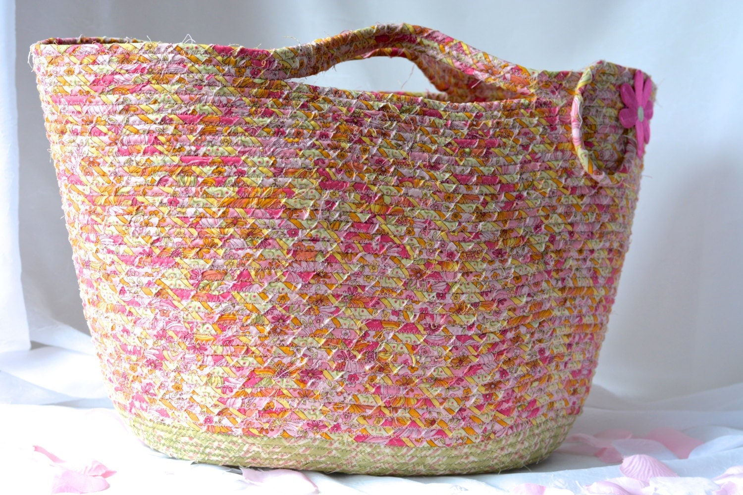 Pink Tote Bag Handmade Coiled Fabric Basket Pretty Moses