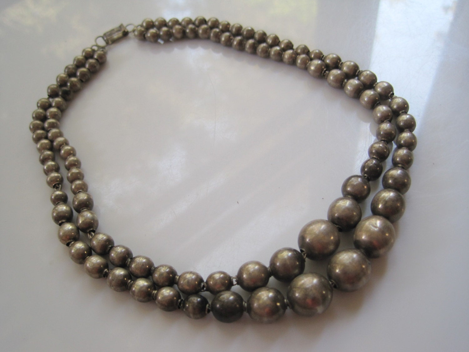 Mexican Necklace Graduating Silver Ball Double Strand Choker