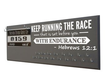 Running medal holder, running medal holder rack, race medal holder, race bib holder, gifts for runner, running gift, Hebrews 12:1, display