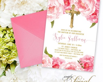 Baptism Invitation - First Holy Communion Invitation - Pink Peony Ranunculus and Faux Gold Foil Watercolor Floral Boho Printable