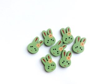 7 Green Rabbit Wooden Buttons, 25mm