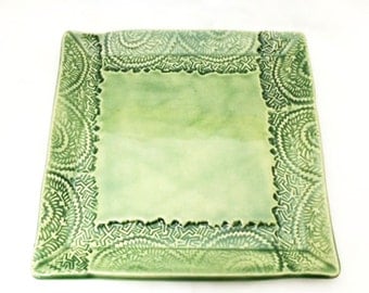 Square Ceramic Plate with Textured Edge in Light Green, Celadon